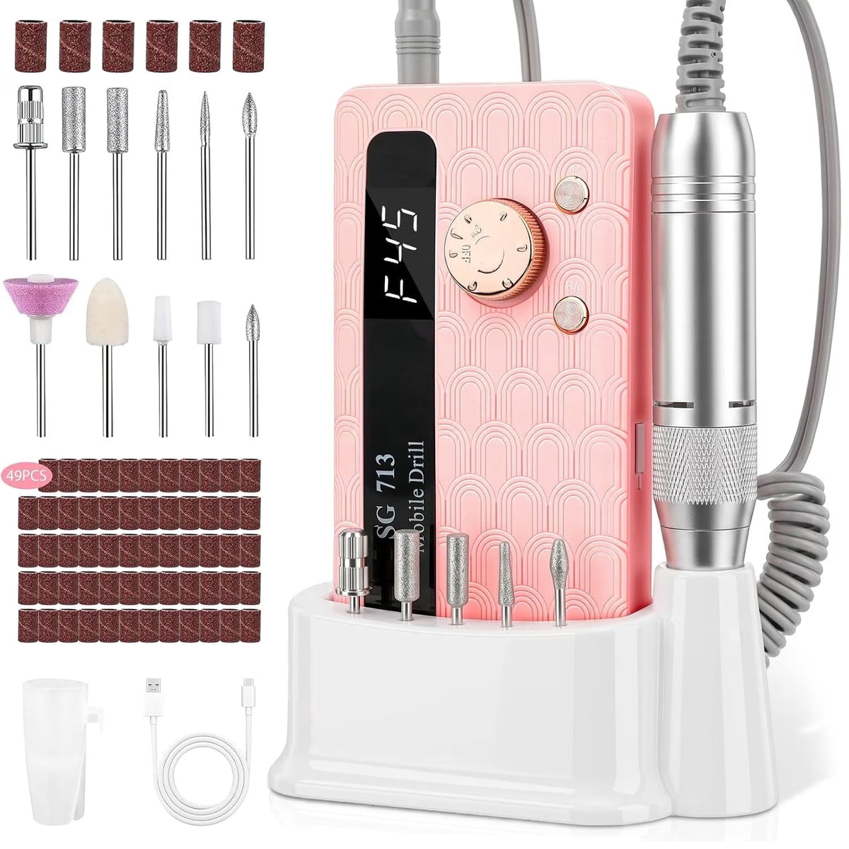 CPCGER 45000 RPM Cordless Nail Drill, Rechargeable Electric Nail File with LCD Display for Acrylic Gel Nails, 11 Bits & 51 Sanding Bands, Pink