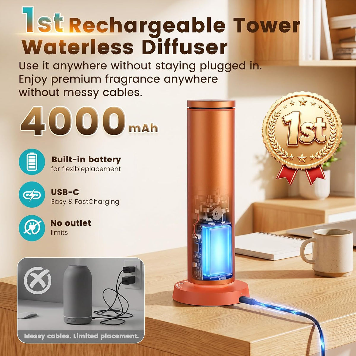 XEITIN Apex 2000™ Cordless Rechargeable Scent Diffuser (2,000 Sq. Ft. | 4000mAh Battery)