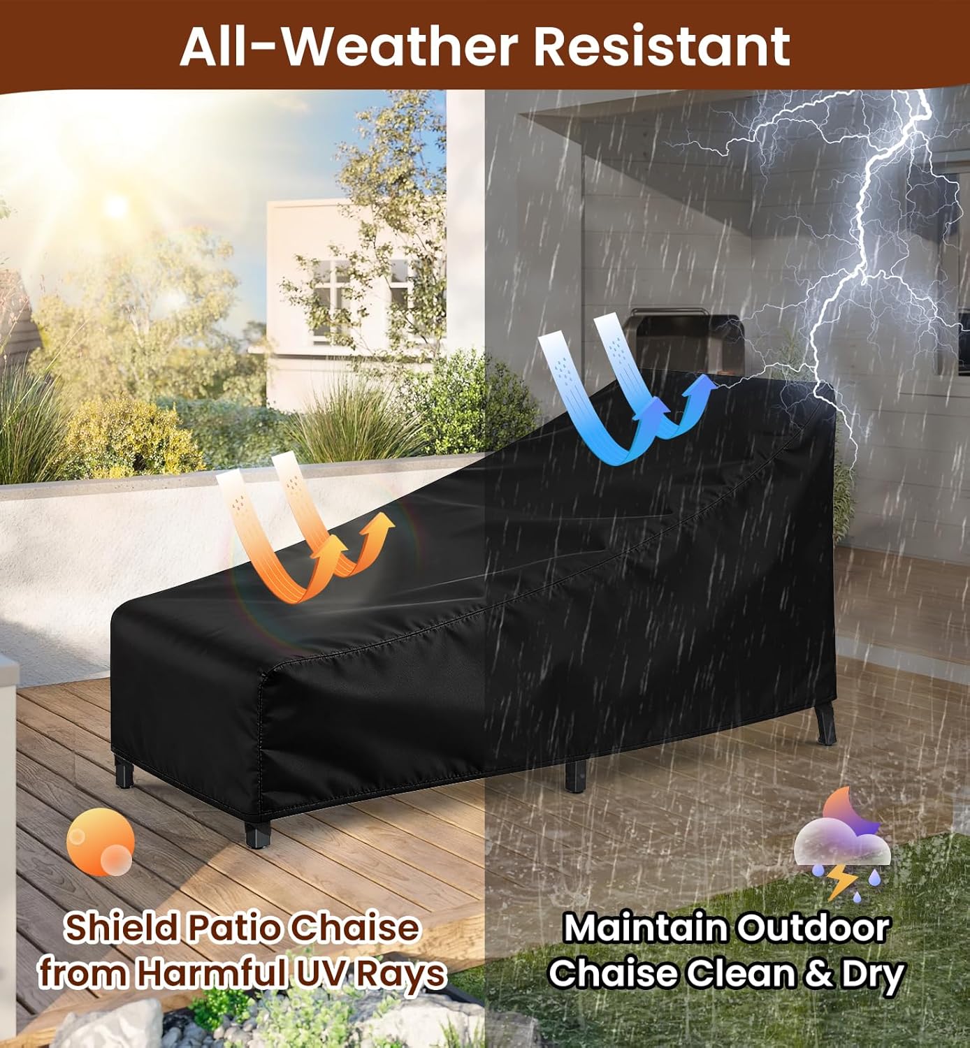 Heavy Duty Chaise Lounge Covers (2 Pack) – Waterproof & UV Resistant Outdoor Patio Furniture Cover, All-Season Protection | 82×29×31" | Black