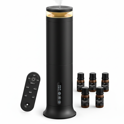 Matte black tower cold-air scent diffuser releasing fine aroma mist shown with wireless remote control and 5 bottles of pure essential oils