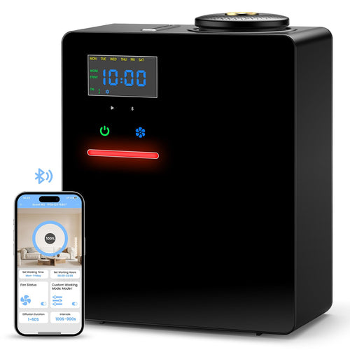XEITIN smart commercial scent diffuser in black with digital screen and Bluetooth smartphone app control.