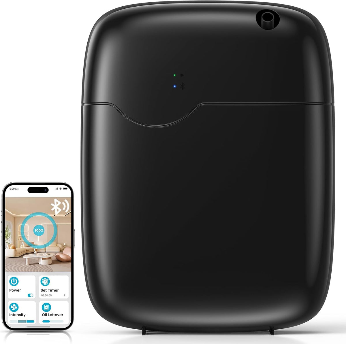 Sleek black XEITIN smart cold-air scent diffuser wirelessly controlled via smartphone Bluetooth app showing mist intensity timer schedules and oil leftover monitor