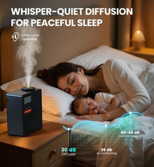 XEITIN whisper quiet waterless scent diffuser operating at 30 dB placed on nightstand for peaceful bedroom sleep beside sleeping mother and baby