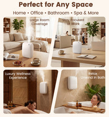 Four-panel collage showing white XEITIN fluted cold-air scent diffuser tabletop and wall-mounted across living room office desk luxury spa and bathroom