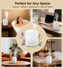 White XEITIN hotel scent cold-air diffuser collage illustrating versatile use across bathtub relaxation home office desk modern living room and spa massage room