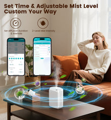 White XEITIN smart cold-air scent diffuser on coffee table with smartphone app showing custom timer schedules and 2-level mist intensity beside relaxing woman
