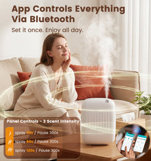 White XEITIN fluted cold-air scent diffuser operated via Bluetooth smartphone app with panel featuring 3 adjustable scent intensity pause intervals