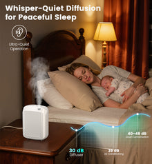 White XEITIN ultra quiet cold-air scent diffuser running at 30 dB on nightstand bedside sleeping mother and newborn baby for peaceful bedroom rest